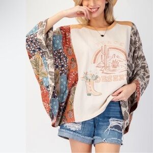 Easel Peace in the Desert Boho Patchwork Relaxed Kimono Poncho Top